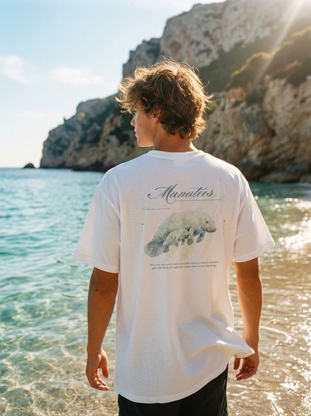 Manatee tee on model, worn